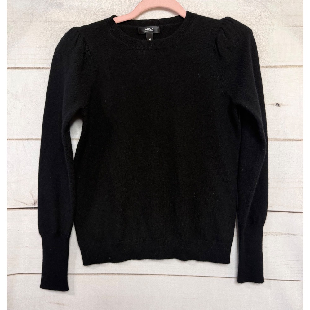 Aqua Cashmere Black Puff Sleeve Crewneck Sweater 100% Cashmere Womens Small Hole